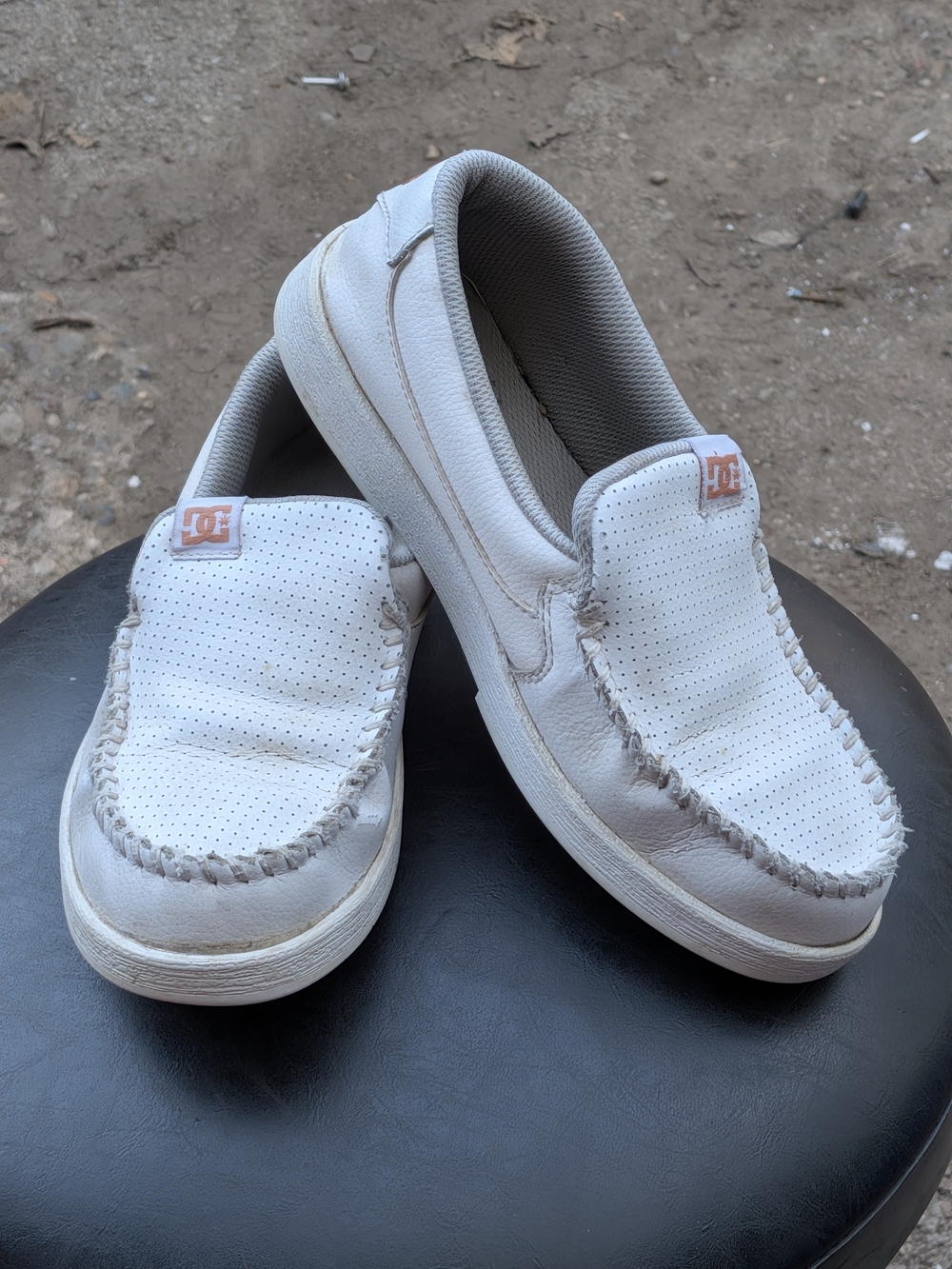 DC Kids White Slip-On Perforated Moccasin Sneakers with Light Tan Logo